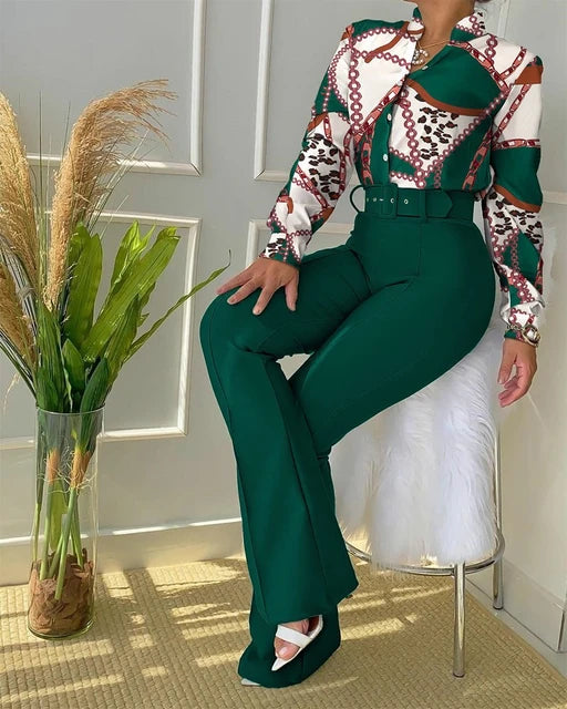 Casual Printed Stand Collar Long Sleeve Shirt Top Wide Leg Pants Two-piece Set with Belt S4384167 Casual Printed Stand Collar Long Sleeve Shirt Top Wide Leg Pants Two-piece Set with Belt S4384167