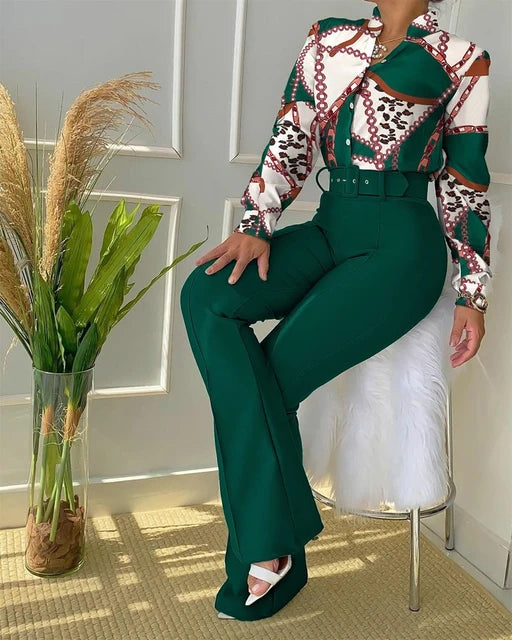 Casual Printed Stand Collar Long Sleeve Shirt Top Wide Leg Pants Two-piece Set with Belt S4384167