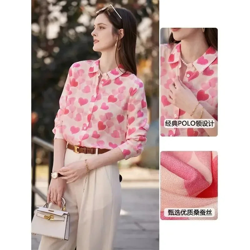 Women Stylish Love Print Turn Down Collar Button Shirts S5039565 S Women Stylish Love Print Turn Down Collar Button Shirts S5039565 S