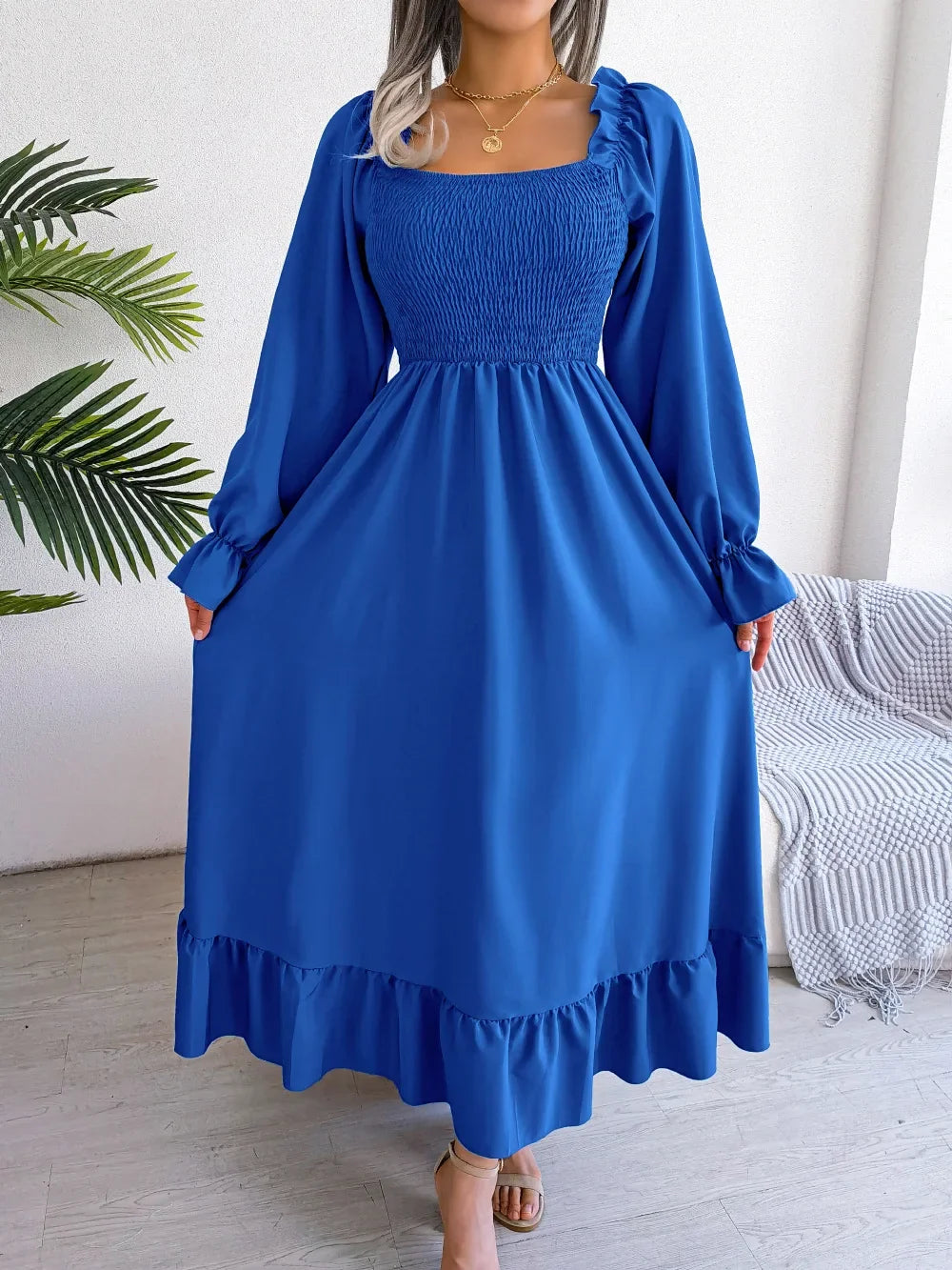 Womens Casual Square Neck Flare Sleeve Maxi Skirt Long Dress 83260 M Womens Casual Square Neck Flare Sleeve Maxi Skirt Long Dress 83260 M