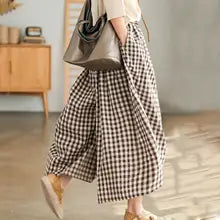 Women's Cotton Elastic Waist Plaid Palazzo Pants 548559 L Women's Cotton Elastic Waist Plaid Palazzo Pants 548559 L