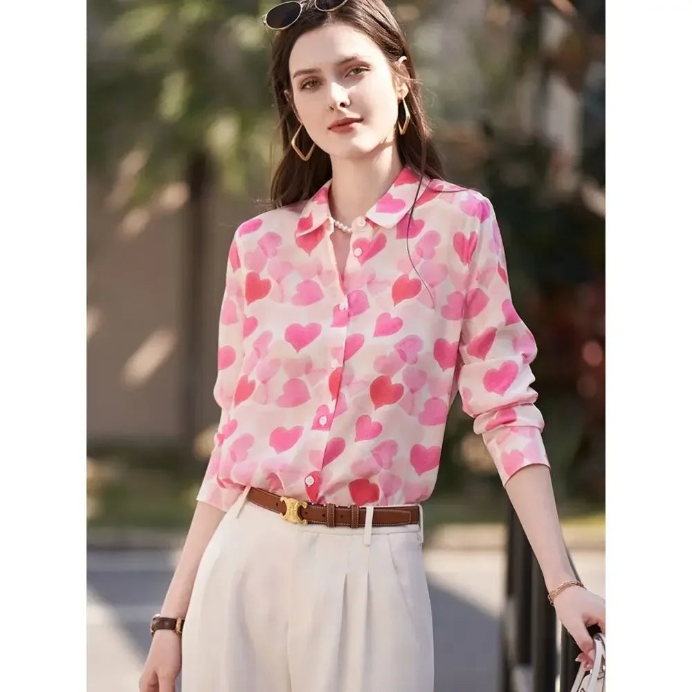 Women Stylish Love Print Turn Down Collar Button Shirts S5039565 S Women Stylish Love Print Turn Down Collar Button Shirts S5039565 S