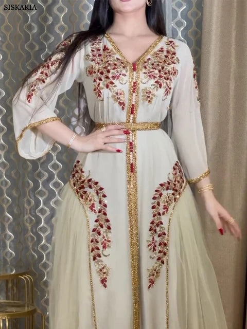 Muslim Abaya Long Dresses Women Wedding Evening Party Dress Elegant Floral Embroidery Lace Belted Kaftan Ramadan X4611753 - Tuzzut.com Qatar Online Shopping