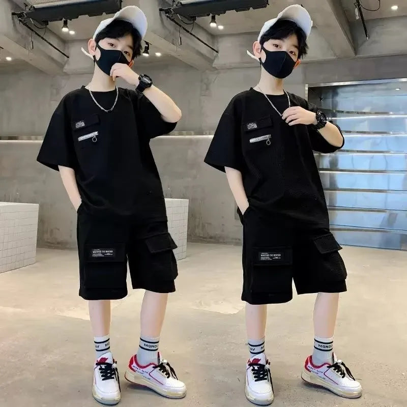 Kids Casual Black T-shirt + Pocket Short Pant Set 1659209 Kids Casual Black T-shirt + Pocket Short Pant Set 1659209