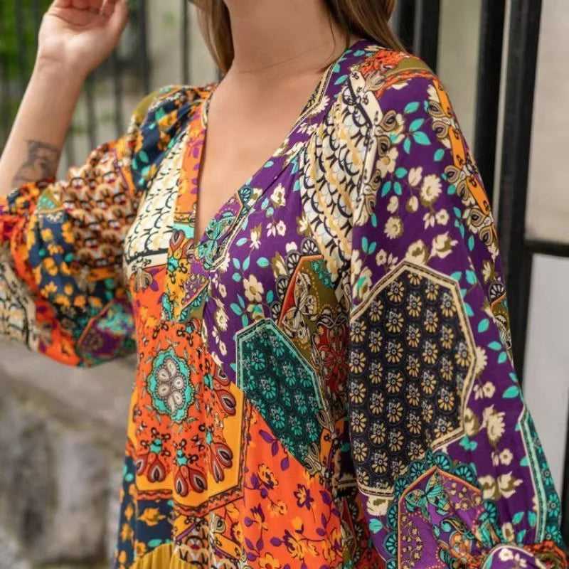Women V Neck Puff Sleeve Swing Retro Loose Dress B-119859 L Women V Neck Puff Sleeve Swing Retro Loose Dress B-119859 L