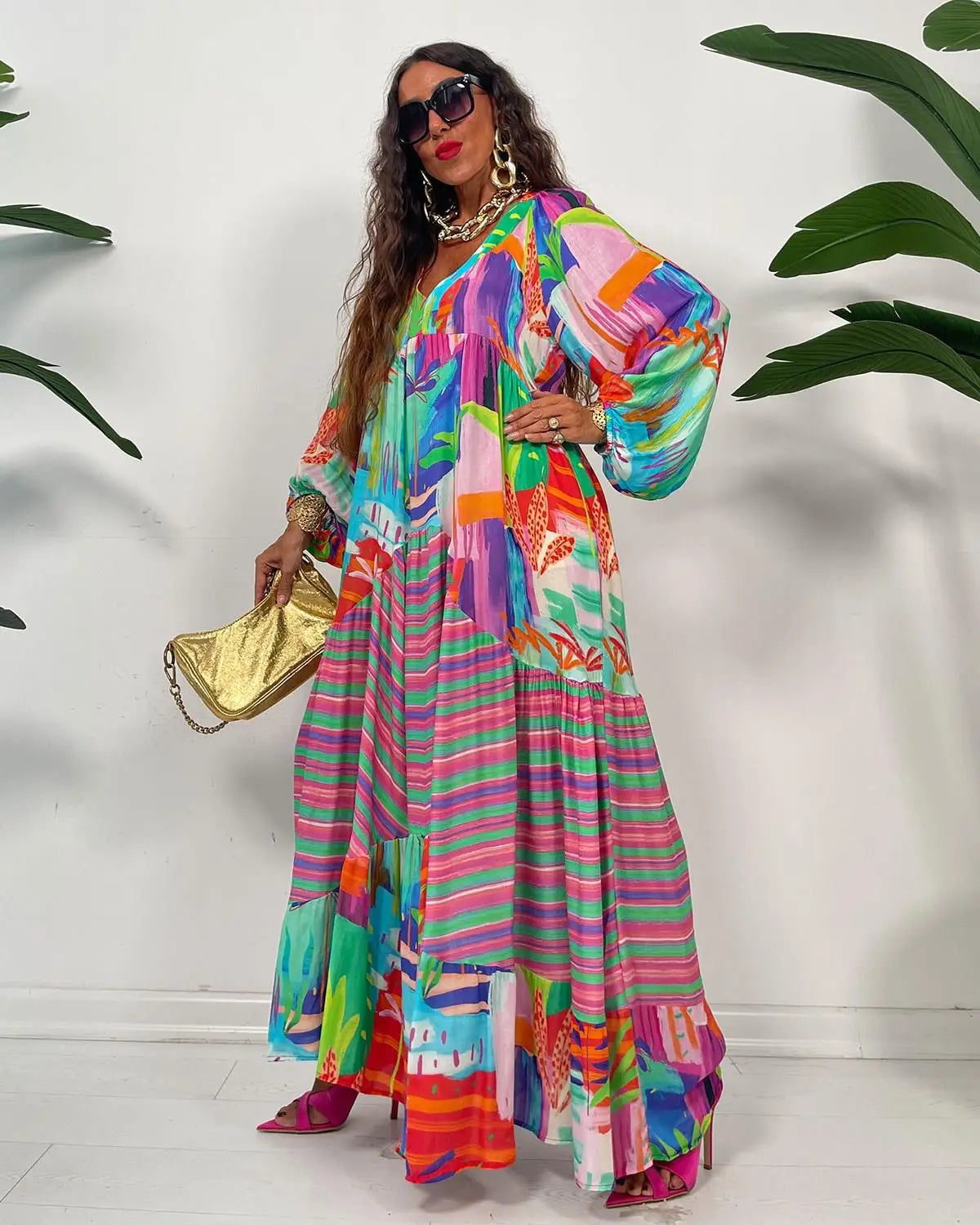 Women Summer Long Sleeve V-neck Pleated Dress 38727 3XL Women Summer Long Sleeve V-neck Pleated Dress 38727 3XL