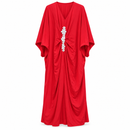 Women’s Red Draped Kaftan Maxi Dress with White Floral Appliqué 16387