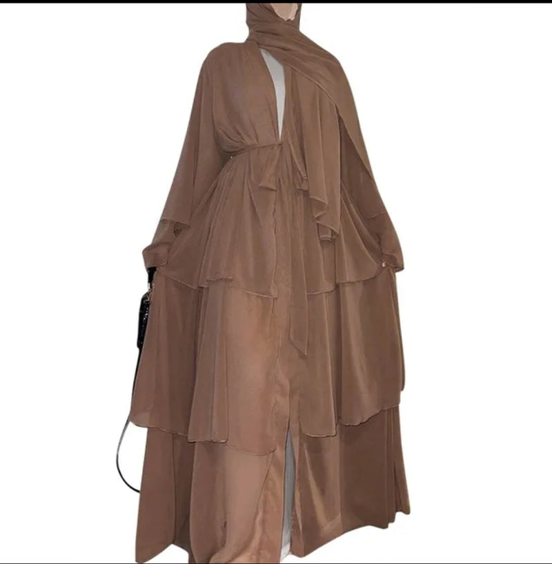 Fashion Muslim Dress Women Three-Layer Chiffon Elegant Open Abaya Cardigan Marocain Robe - 442347