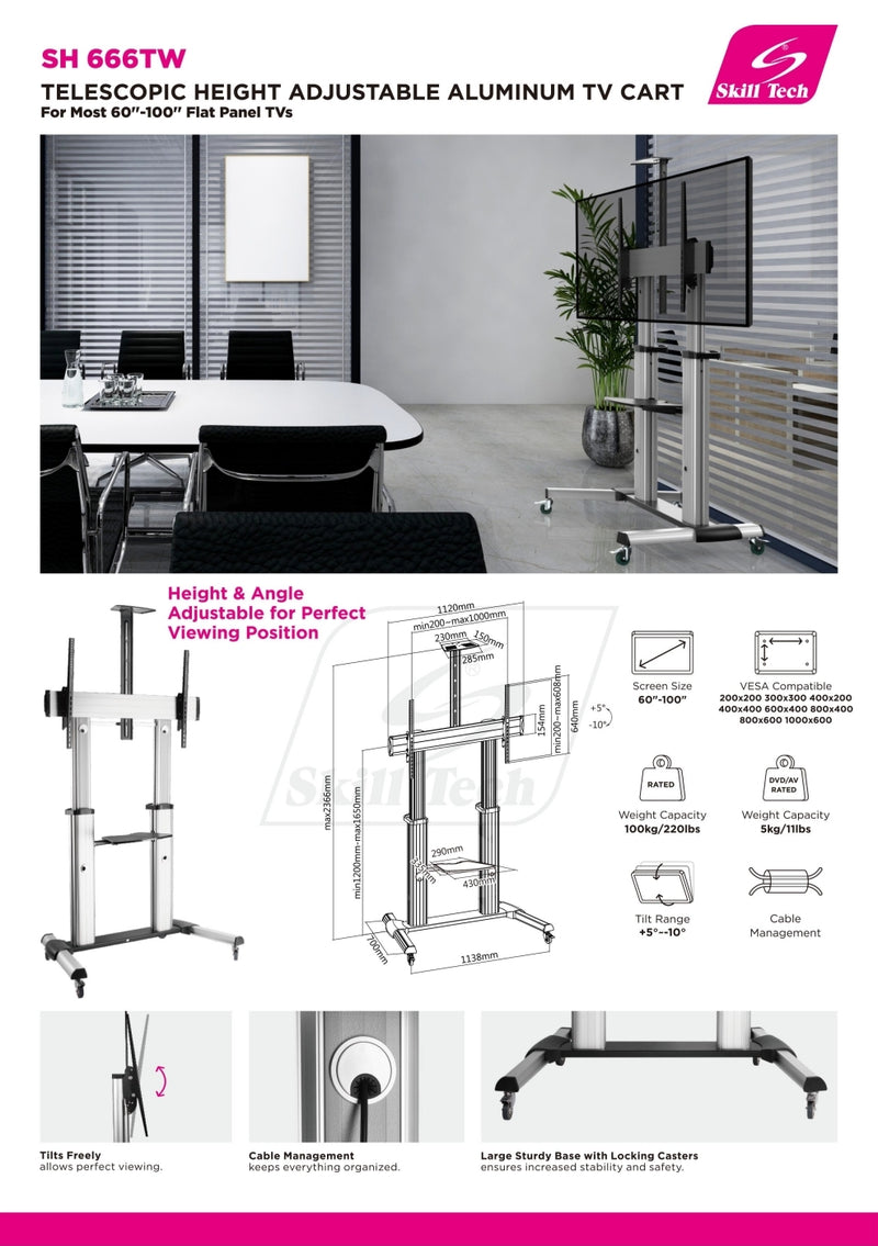 Large Screen Premium Telescopic Extra Heavy Duty Steel Tv Stand (Aluminium) - SH 666TW ((Fits Most 60" ~ 100" Screen, Weight Capacity 100kg, Max VESA 1000×600)