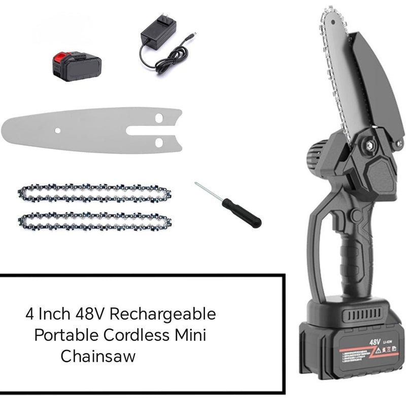 4 Inch 48V Rechargeable Portable Cordless Mini Chainsaw  Handheld Electric Saw for Wood Cutting