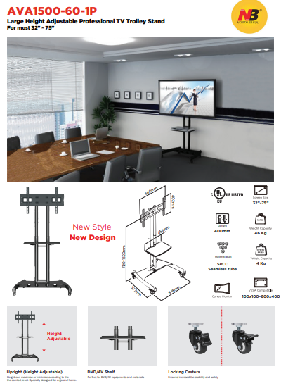 Skill Tech Heavy-Duty Height Adjustable Professional TV Trolley Stand - NB AVA-1800-70-1P (Fits Most 55 Skill Tech Heavy-Duty Height Adjustable Professional TV Trolley Stand - NB AVA-1800-70-1P (Fits Most 55