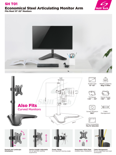 Single-Monitor Steel Articulating Monitor Stand - SH T01 (Fits Most 13 Single-Monitor Steel Articulating Monitor Stand - SH T01 (Fits Most 13