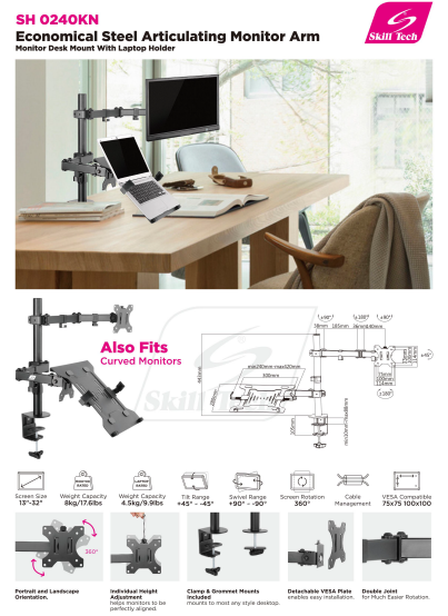 Single Steel Articulating Monitor Arm With Laptop Tray - SH 0240KN (Fits Most 13" ~ 32") - Tuzzut.com Qatar Online Shopping