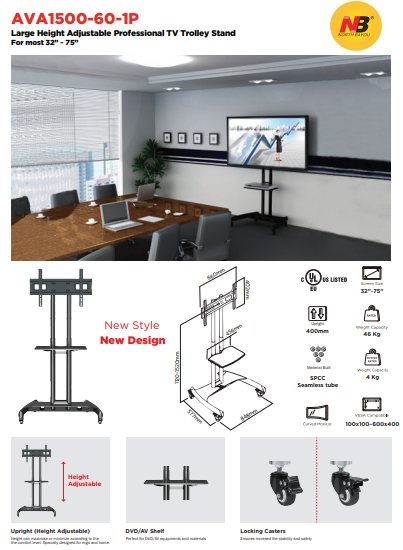 Skill Tech Height Adjustable Professional TV Trolley Stand - NB AVA-1500-60-1P (Fits Most 32" ~ 75") - Tuzzut.com Qatar Online Shopping