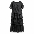 Black Textured Tiered Maxi Dress with Sheer Short Sleeves 48017