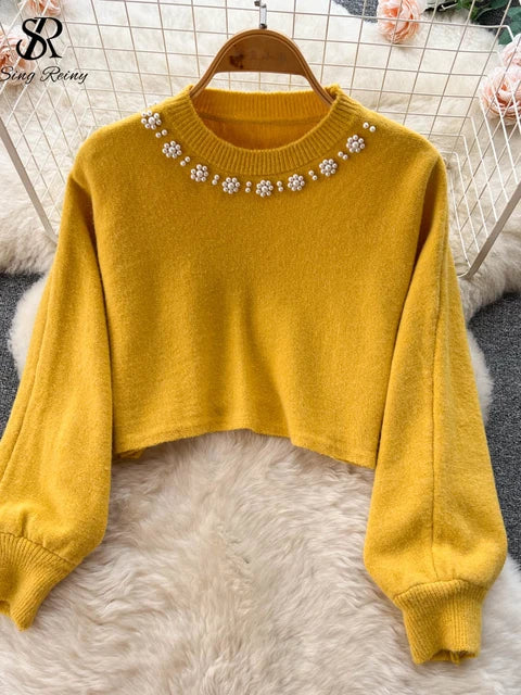 Women's Elegant Pearl O-neck Knitted Pearl Sweater + Knitted Camis Dress Set Two Piece Suit - WS1003