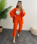 Solid Color Cotton Linen Loose Casual 2 Pcs Cardigan Top And Pants Set TS42 - Tuzzut.com Qatar Online Shopping