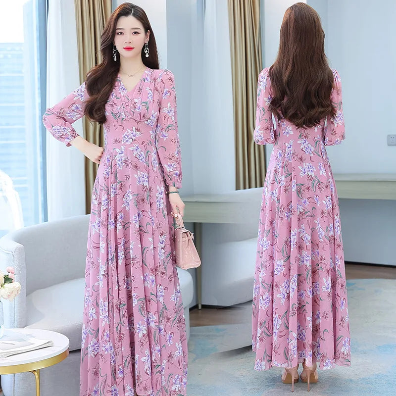 Korean Chiffon Long-Sleeved Large Swing Light Thin Breathable Lady Mid-Length Skirt L 488673