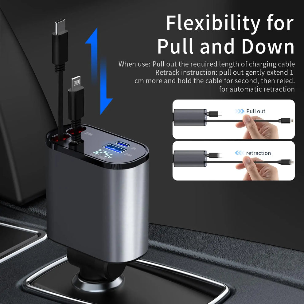 4 in 1 Retractable Fast Car Phone Charger 120W (Type-C, iOS, USB-C & USB interface) 4 in 1 Retractable Fast Car Phone Charger 120W (Type-C, iOS, USB-C & USB interface)