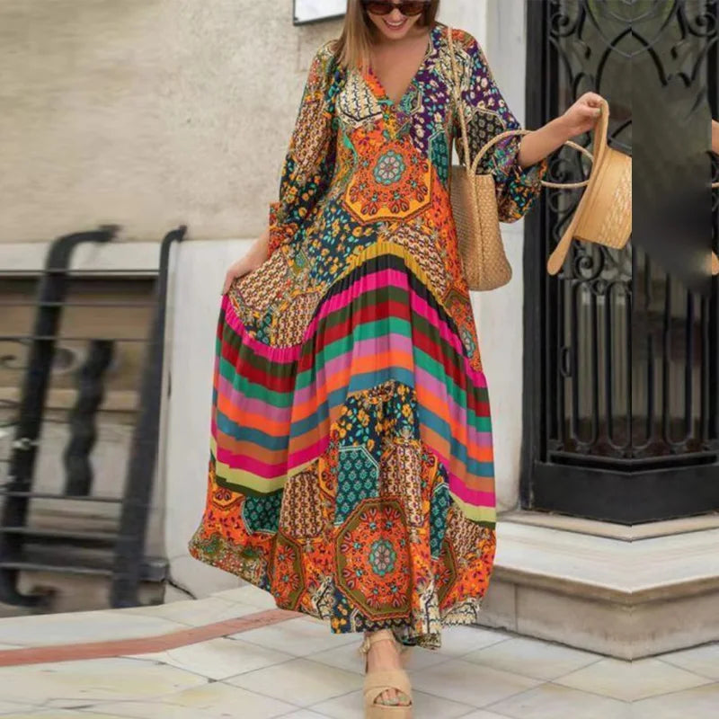Women V Neck Puff Sleeve Swing Retro Loose Dress B-119859 L Women V Neck Puff Sleeve Swing Retro Loose Dress B-119859 L
