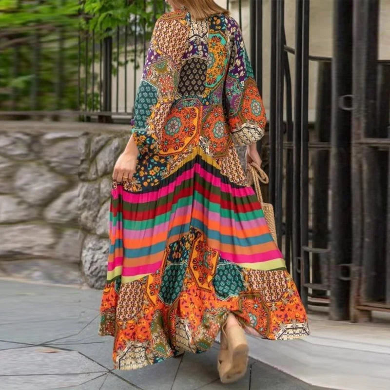 Women V Neck Puff Sleeve Swing Retro Loose Dress B-119859 L Women V Neck Puff Sleeve Swing Retro Loose Dress B-119859 L