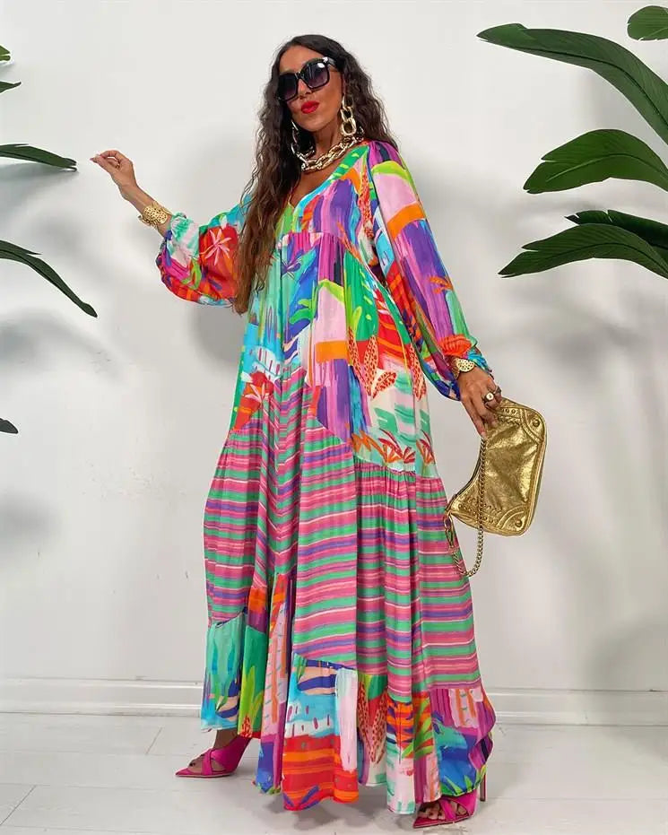 Women Summer Long Sleeve V-neck Pleated Dress 38727 3XL Women Summer Long Sleeve V-neck Pleated Dress 38727 3XL