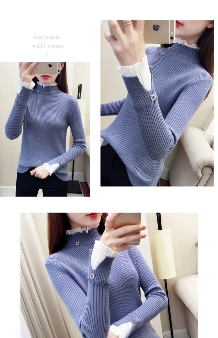 Korean Patchwork Warm Sweater Women Elegant Long Sleeve Slim Turtleneck Knitted Pink Tops Chic Ruffle Pullover Fake 2 Pieces X4436288 Korean Patchwork Warm Sweater Women Elegant Long Sleeve Slim Turtleneck Knitted Pink Tops Chic Ruffle Pullover Fake 2 Pieces X4436288