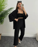 Solid Color Cotton Linen Loose Casual 2 Pcs Cardigan Top And Pants Set TS42 - Tuzzut.com Qatar Online Shopping