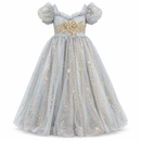Silver Grey Puff-Sleeve Tulle Party Dress with Gold Floral Embroidery and Star Sequins 125114