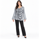 Women’s Silver-Grey Draped Cowl-Neck Blouse with Waist Tie C318