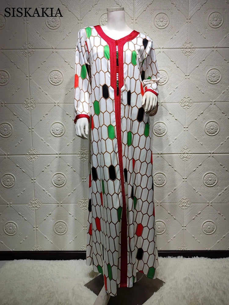 Dubai Jalabiya Fashion Plaid Print Maxi Dress For Women Moroccan Kaftan Arabic Muslim Clothes Eid Ramadan Mubarak S4777821