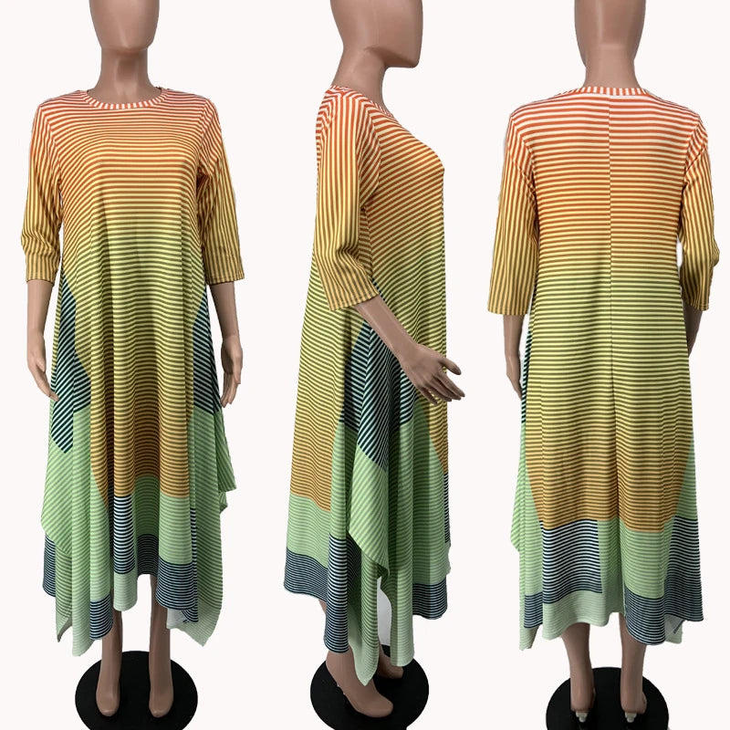 Fashion Striped Printed Half Sleeve Irregular Dress Women Dating Work Wear Spring Summer Large Size Casual Loose Midi Dress S4424018 Fashion Striped Printed Half Sleeve Irregular Dress Women Dating Work Wear Spring Summer Large Size Casual Loose Midi Dress S4424018