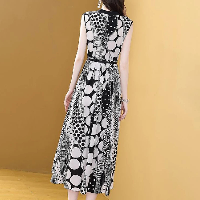 Summer New Women's Retro Fashion Printed Waist Sleeveless Midi Chiffon Dress Elegant Temperament Tank Dresses Vestidos De Fiesta S3740108 - Tuzzut.com Qatar Online Shopping