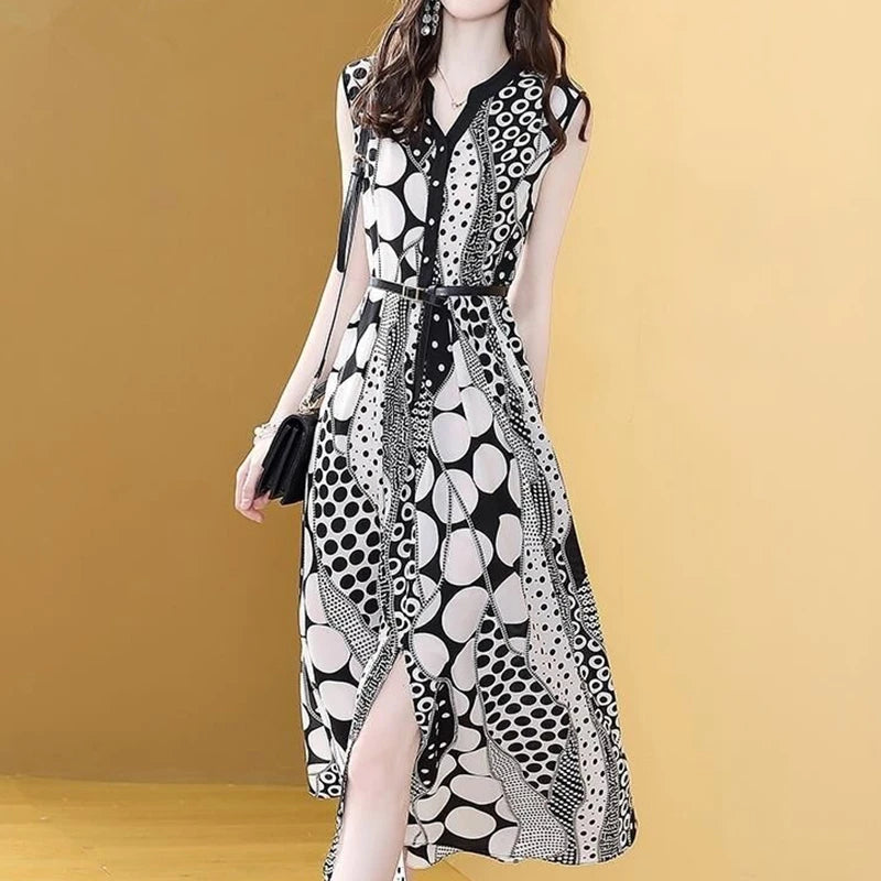 Summer New Women's Retro Fashion Printed Waist Sleeveless Midi Chiffon Dress Elegant Temperament Tank Dresses Vestidos De Fiesta S3740108 - Tuzzut.com Qatar Online Shopping