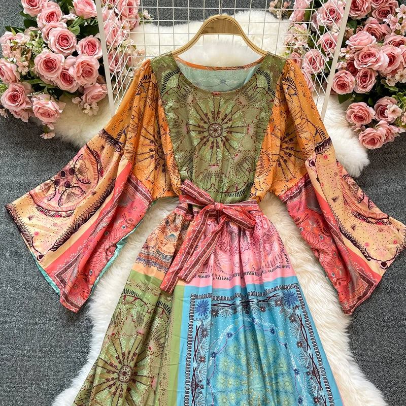 Summer Vintage Print Bohemian Maxi Dress Women Flare Sleeve O Neck Flower Plaid Sashes Lace Up Boho Holidays Party Long Vestidos S4495854 - Tuzzut.com Qatar Online Shopping