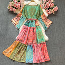 Summer Vintage Print Bohemian Maxi Dress Women Flare Sleeve O Neck Flower Plaid Sashes Lace Up Boho Holidays Party Long Vestidos S4495854 - Tuzzut.com Qatar Online Shopping