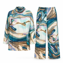 Women’s Teal & Gold Marble Print Cowl-Neck Top & Trouser Set 442NNK