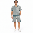 Men’s Ivory & Teal Monogram Print Shirt and Shorts Set YD128