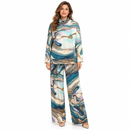 Women’s Teal & Gold Marble Print Cowl-Neck Top & Trouser Set 442NNK