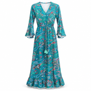 Women’s Teal Paisley Maxi Dress with Tassel Waist Tie TS2345