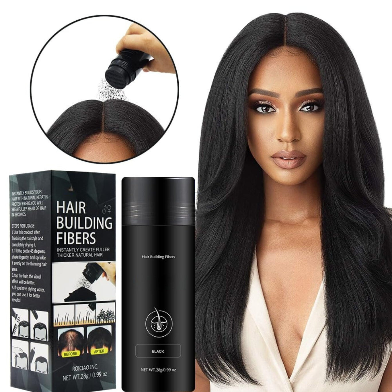 EELHOE Thick Fiber Hair Building Fibers For Thinning and Fine Black Hair 28g EELHOE Thick Fiber Hair Building Fibers For Thinning and Fine Black Hair 28g
