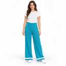 Women’s Turquoise Wide-Leg Knit Trousers with White Stripes NS73
