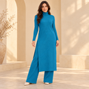 Women’s Turquoise Ribbed Turtleneck Long Tunic & Wide-Leg Trouser Set NS100