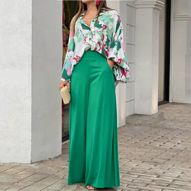 Two Piece Casual Women's Loose Boho Print Shirt + Commuter Wide Leg Pants Set L B-75640 - TUZZUT Qatar Online Shopping