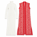 Women’s Ivory Knit Maxi Dress & Red Patterned Long Vest 2-Piece Set NS142