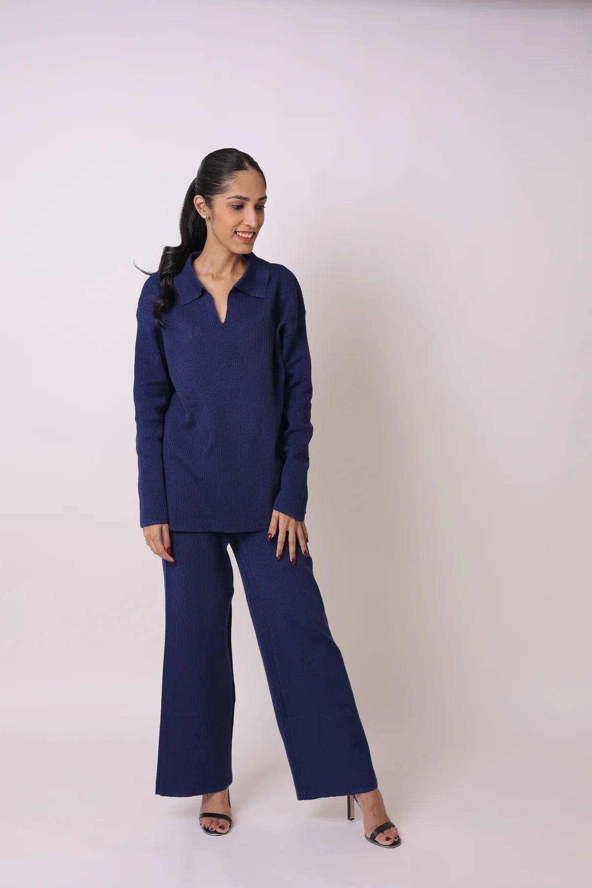 Ribbed Knit Top and Wide Leg Pant Coord Set 7008356
