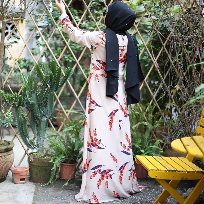 Ladies Cherry Floral Printing Fashion Long Sleeve Chiffon Muslim Maxi Dress Islamic Arab Saudi Abaya Dress for Women S4672149 - Tuzzut.com Qatar Online Shopping