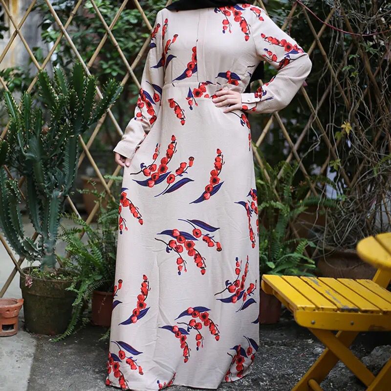 Ladies Cherry Floral Printing Fashion Long Sleeve Chiffon Muslim Maxi Dress Islamic Arab Saudi Abaya Dress for Women S4672149
