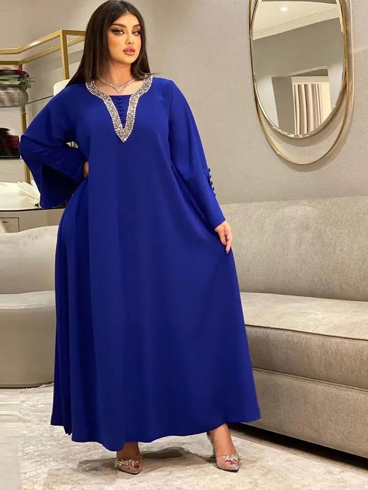 Beading Abaya Arabic Long Dress for Women Ramadan Muslim Moroccan Kaftan Gulf Jalabiya Elegant Party Eid Loose Abayas Blue S4825161 - Tuzzut.com Qatar Online Shopping