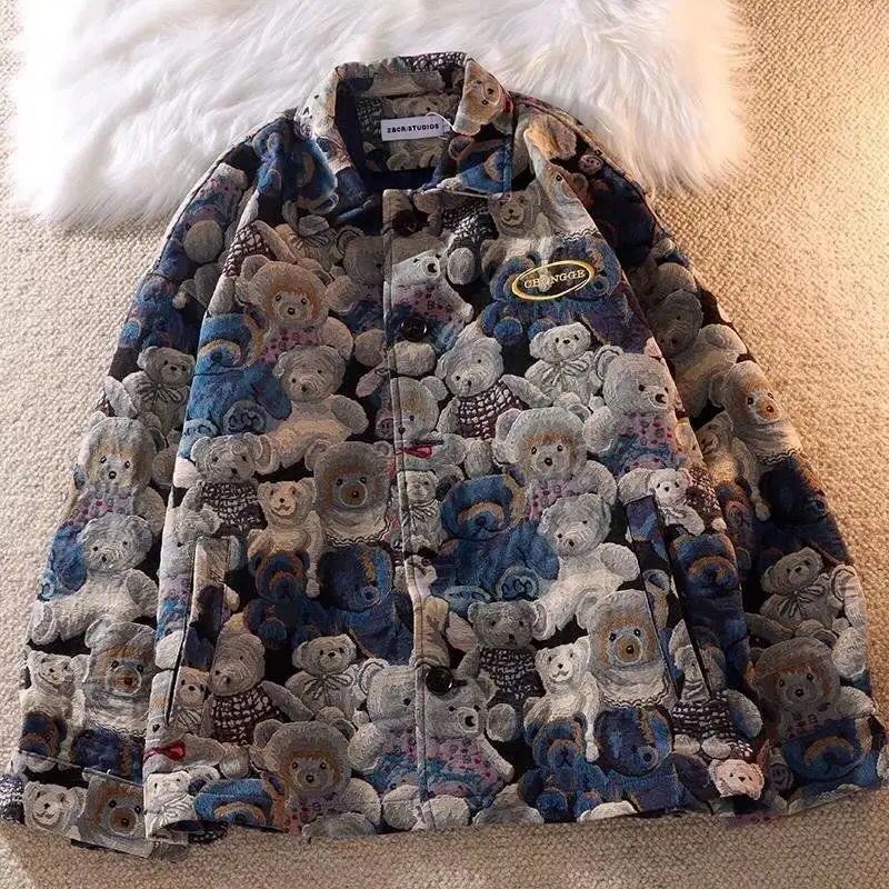 Autumn and Winter Fashion Casual Cute Bear Print Lapel Jacket for Men and Women Single-breasted Jacket  New Women Clothing S4765889 - Tuzzut.com Qatar Online Shopping